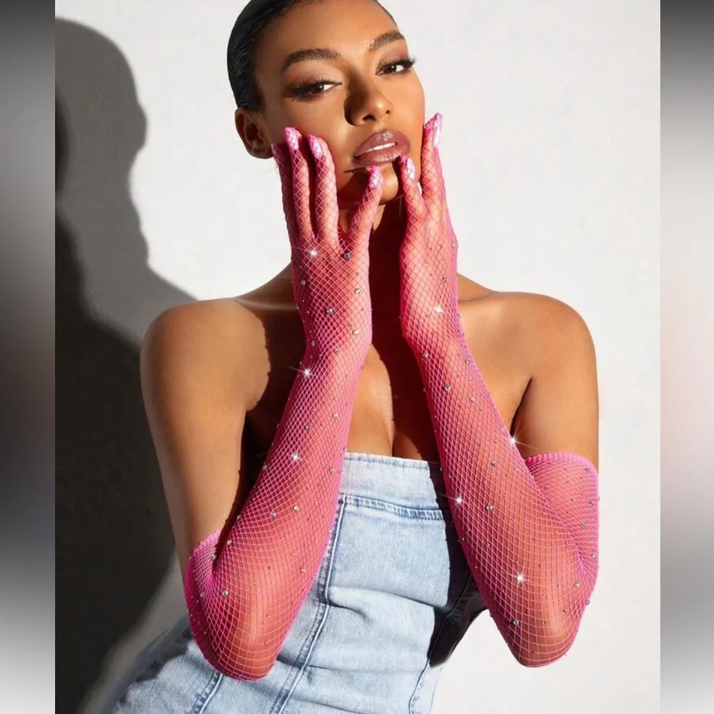 Hot Pink Rhinestone Fishnet Gloves NEW 🏷️